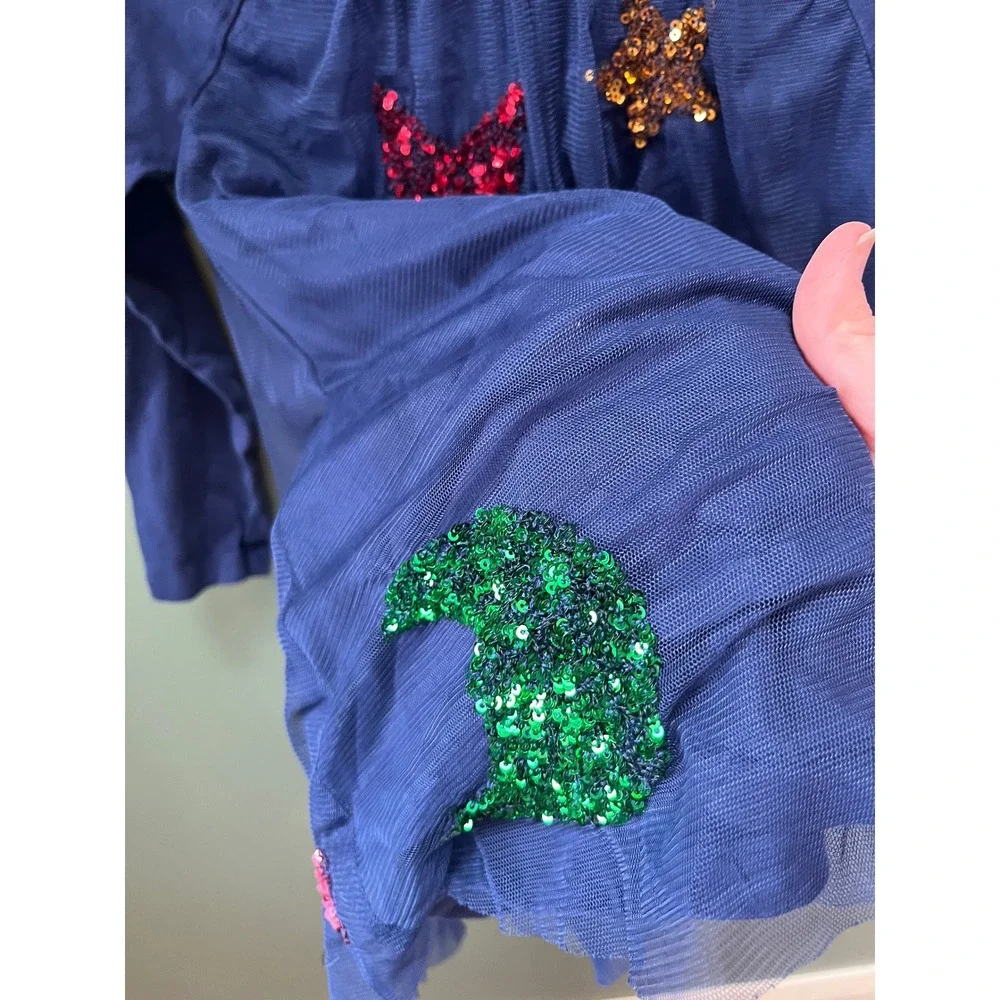 Mini Boden Girls Navy Blue Sequin‎ Star Moon Tulle Dress 5-6Y 116cm Long Sleeve